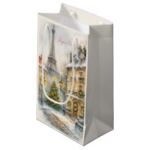 Merry Christmas in Paris Watercolor Eiffel Tower Small Gift Bag