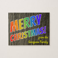 "MERRY CHRISTMAS!" in Rainbow Text, Faux Wood Look