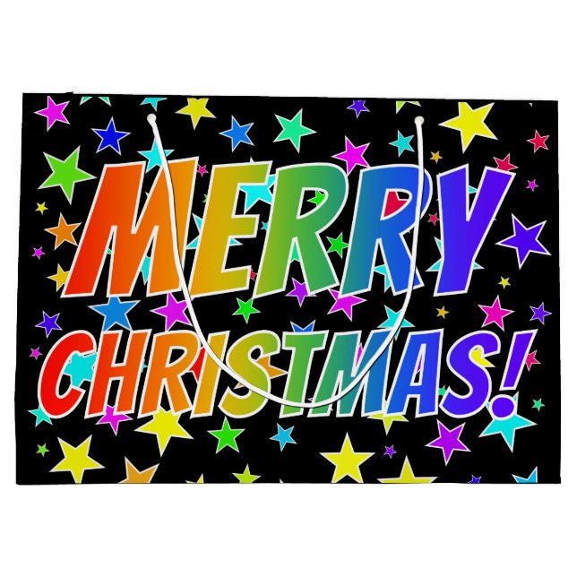 "MERRY CHRISTMAS!" in Rainbow Text + Stars Pattern Large Gift Bag (Back)