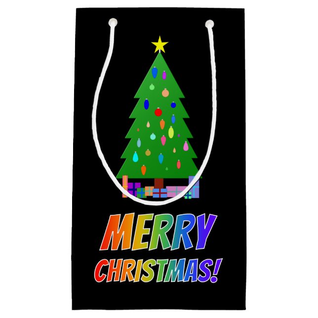 "MERRY CHRISTMAS!" in Rainbow Text + Tree, Gifts S Small Gift Bag (Front)