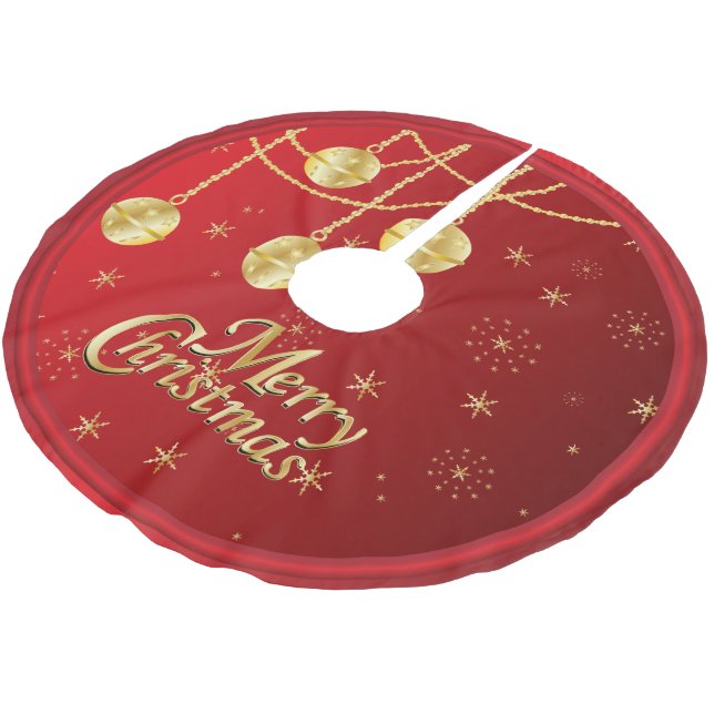 Merry Christmas in Red & Gold Ornaments Brushed Polyester Tree Skirt (Angled)