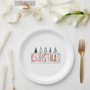 Merry Christmas in Red Pink Teal Green Black Text Paper Plate