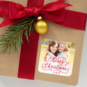 Merry Christmas in Red Script Holiday Photo Square Sticker