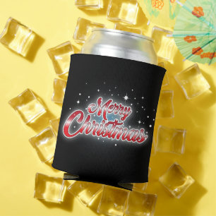 Merry Christmas in Red Text on BLACK Can Cooler