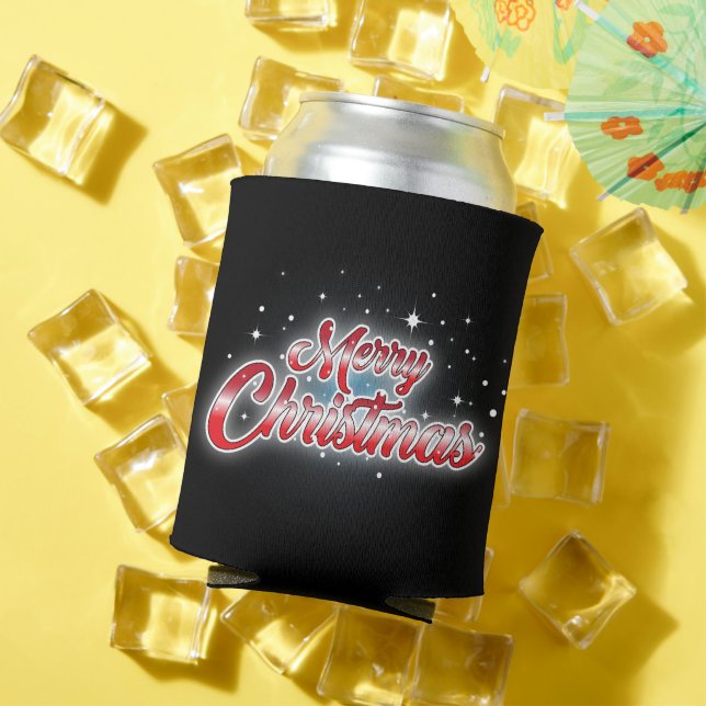 Merry Christmas in Red Text on BLACK Can Cooler (In Situ Summer)