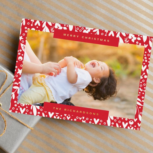 Merry Christmas in red white text photo florals Foil Holiday Card (Creator Uploaded)