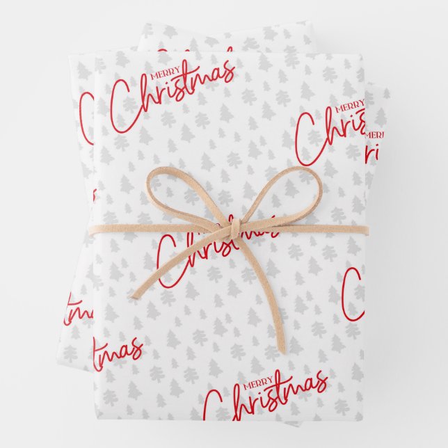 Merry Christmas in Red with Gray Christmas Trees Wrapping Paper Sheet (In situ)