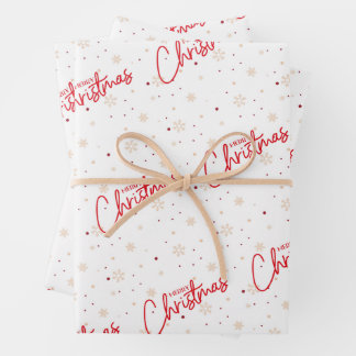 Merry Christmas in Red Writing with Gold Snow Wrapping Paper Sheet