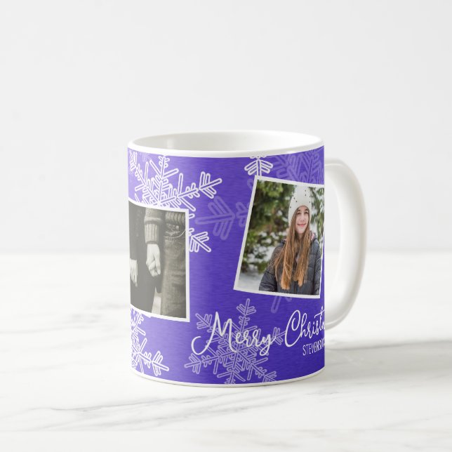 Merry Christmas Indigo Snowflakes Photo Collage  Coffee Mug (Front Right)