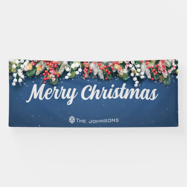 Merry Christmas Indoor Outdoor Blue Christmas Banner (Horizontal)