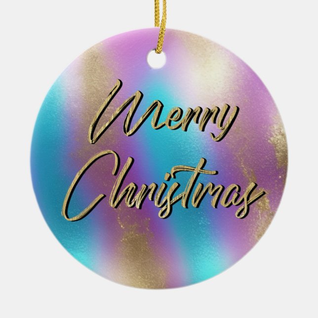 Merry Christmas Iridescent Rainbow Glam Ceramic Tree Decoration (Front)