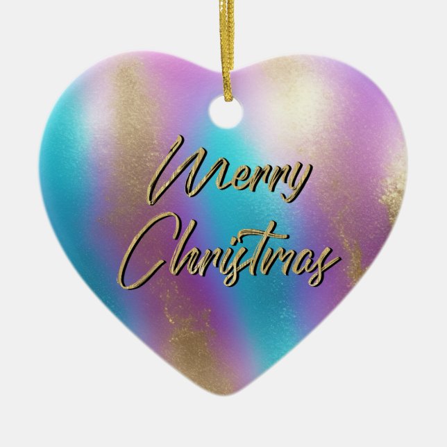 Merry Christmas Iridescent Rainbow Glam Ceramic Tree Decoration (Front)