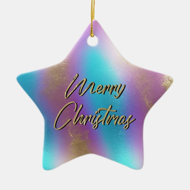 Merry Christmas Iridescent Rainbow Glam Ceramic Tree Decoration (Front)