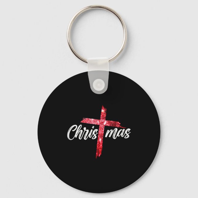 Merry Christmas Jesus Christian Cross Xmas Pajamas Key Ring (Front)