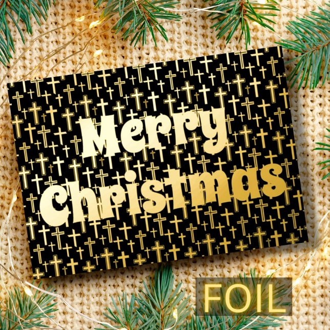 Merry Christmas Jesus cross elegant black and gold Foil Holiday Card (Creator Uploaded)