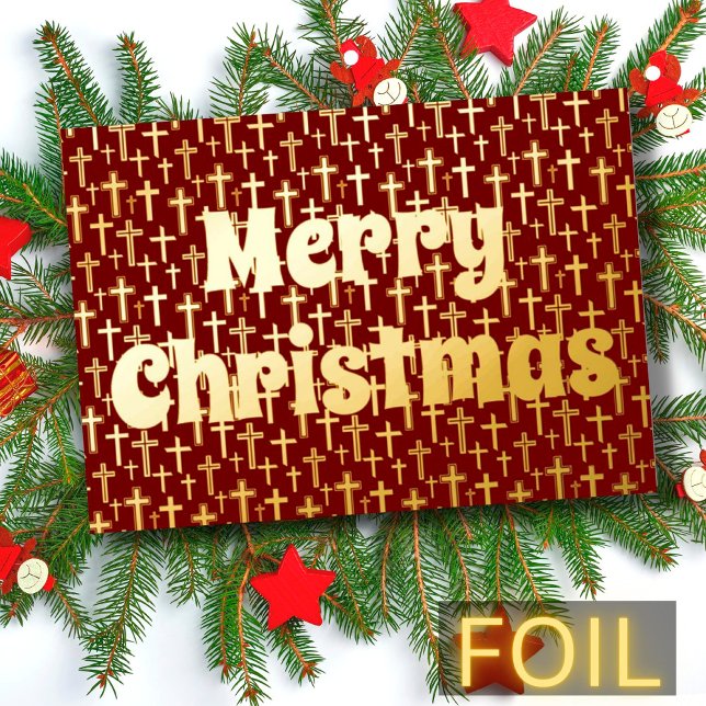 Merry Christmas Jesus cross retro regal burgundy Foil Holiday Card (Creator Uploaded)