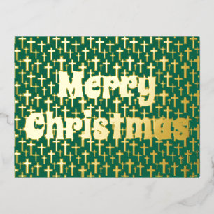 Merry Christmas Jesus cross retro typography green Foil Holiday Postcard
