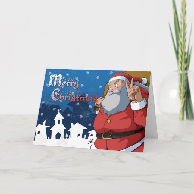 Merry Christmas Jolly Santa Claus Peace Sign Holiday Card (Front)