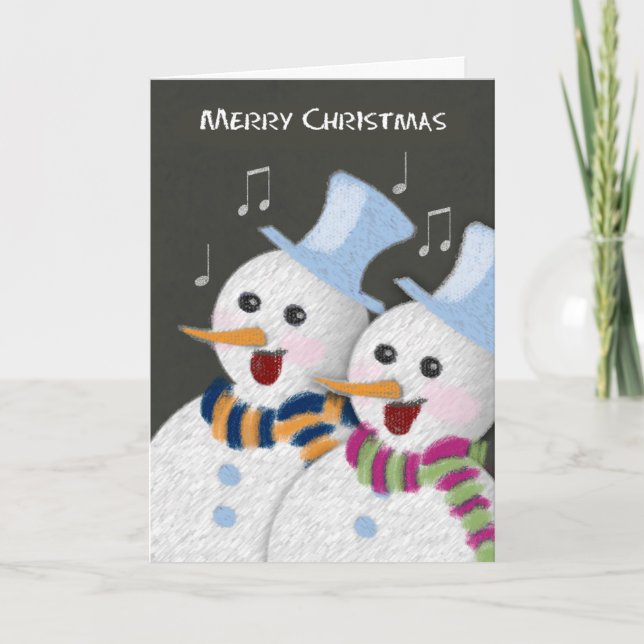 Merry Christmas Jolly Singing Snowmen Couple Holiday Card (Front)