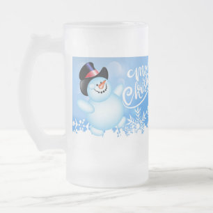 Merry Christmas Jolly Snowman and Ornament  Frosted Glass Beer Mug