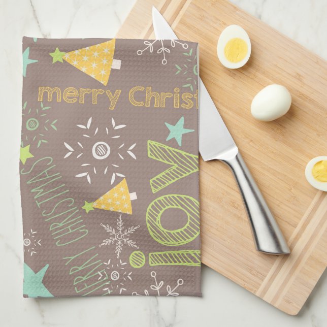 Merry Christmas, Joy, Christmas Trees Kitchen Tea Towel (Quarter Fold)