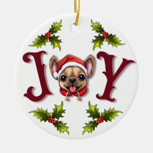 Merry Christmas Joy Cute French Bulldog holly Ceramic Tree Decoration