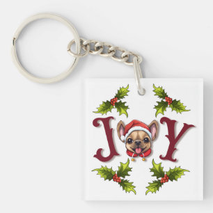 Merry Christmas Joy Cute French Bulldog holly Key Ring