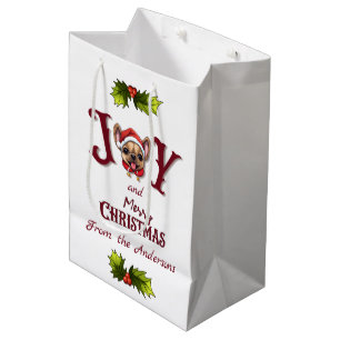 Merry Christmas Joy Cute French Bulldog holly  Medium Gift Bag