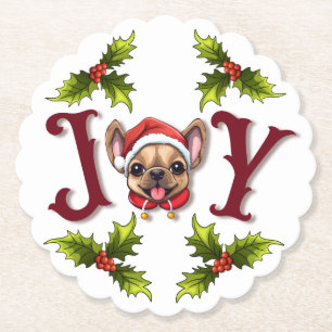 Merry Christmas Joy Cute French Bulldog holly Paper Coaster