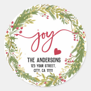 Merry Christmas Joy Holly Wreath Rustic Typography Classic Round Sticker