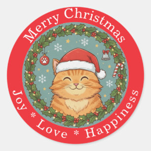 Merry Christmas Joy Love Happiness Cute Cat  Classic Round Sticker