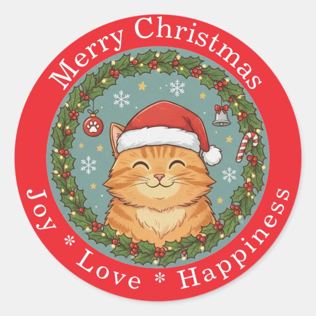 Merry Christmas Joy Love Happiness Cute Cat  Classic Round Sticker (Front)