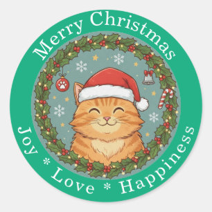 Merry Christmas Joy Love Happiness Cute Cat  Classic Round Sticker
