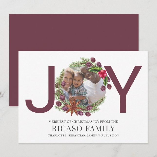 Merry Christmas Joy Plum Wreath Photo Card (Front/Back)