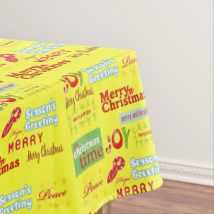 Merry Christmas, Joy, Seasons Greetings, Yellow Tablecloth