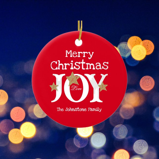 Merry Christmas Joy Simple Elegant Red  Ceramic Tree Decoration (A lovely, bright and cheerful Ceramic Ornament to decorate the holidays.)