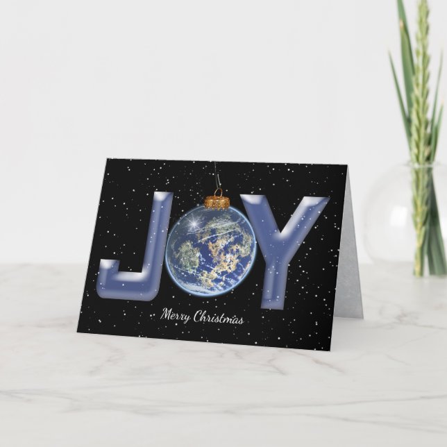 Merry Christmas Joy world on black Holiday Card (Front)