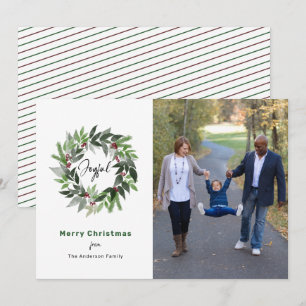 Merry Christmas Joyful Wreath Minimal Photo Holiday Card