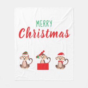 Merry Christmas Jungle Monkeys Elf Santa Hat Fleece Blanket