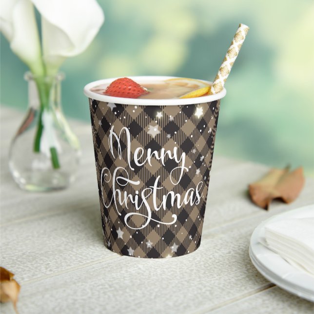 Merry Christmas Khaki Buffalo Plaid Holiday Party Paper Cups (Insitu)