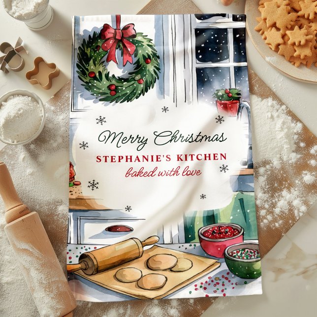 Merry Christmas Kitchen Baking Scene Personalised Tea Towel (Creator Uploaded)