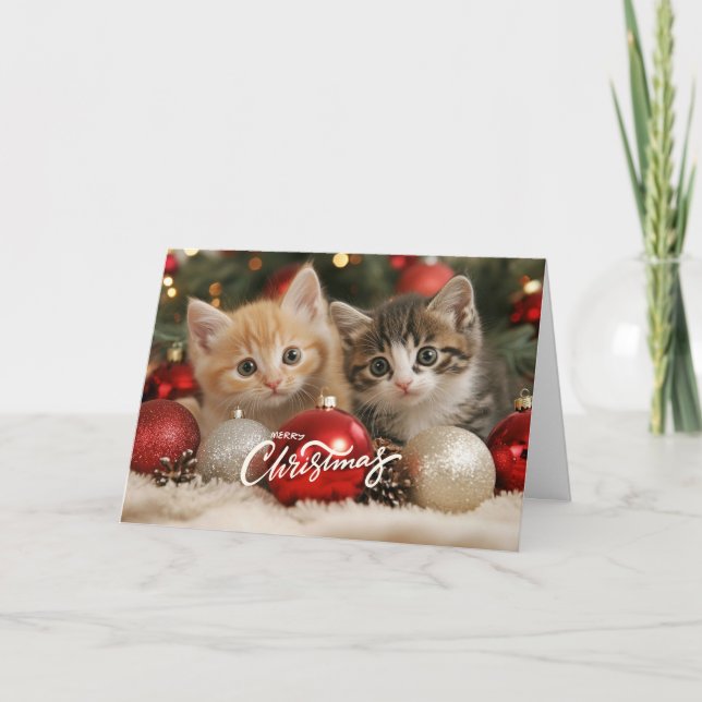 Merry Christmas Kittens and Ornaments Card (Front)