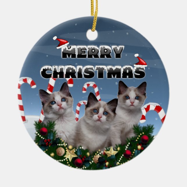 Merry Christmas Kittens in Candy Cane Land Ceramic Tree Decoration (Front)