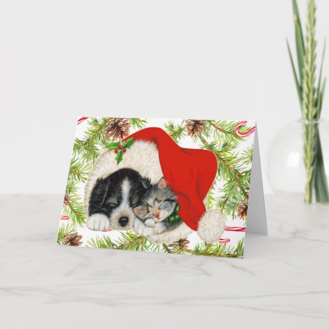 Merry Christmas Kitty Cat Puppy Dog Personalise Holiday Card (Front)