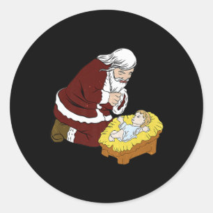 Merry Christmas Kneeling Santa Claus With Ba  Classic Round Sticker