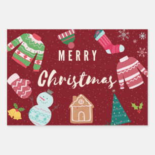 Merry Christmas Knitted Sweaters, Snowman, Tree Wrapping Paper Sheet