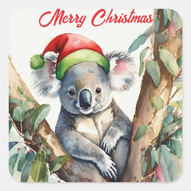 Merry Christmas Koala sitting in Gumtree Square Sticker (Front)
