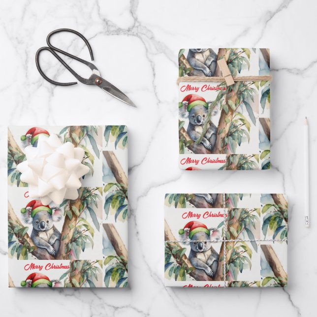 Merry Christmas Koala sitting in Gumtree Wrapping Paper Sheet (Front)