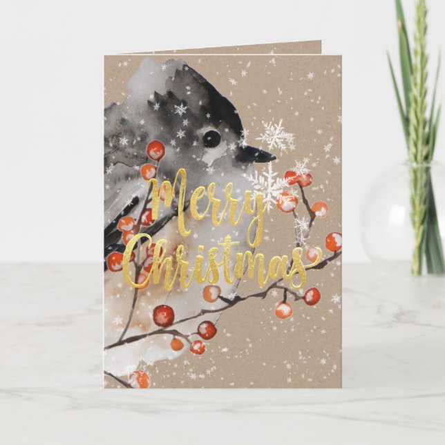 Merry Christmas Kraft Winter Sparrow & Berries Holiday Card (Front)