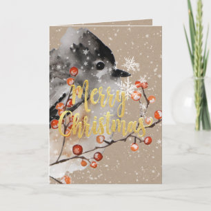 Merry Christmas Kraft Winter Sparrow & Berries Holiday Card